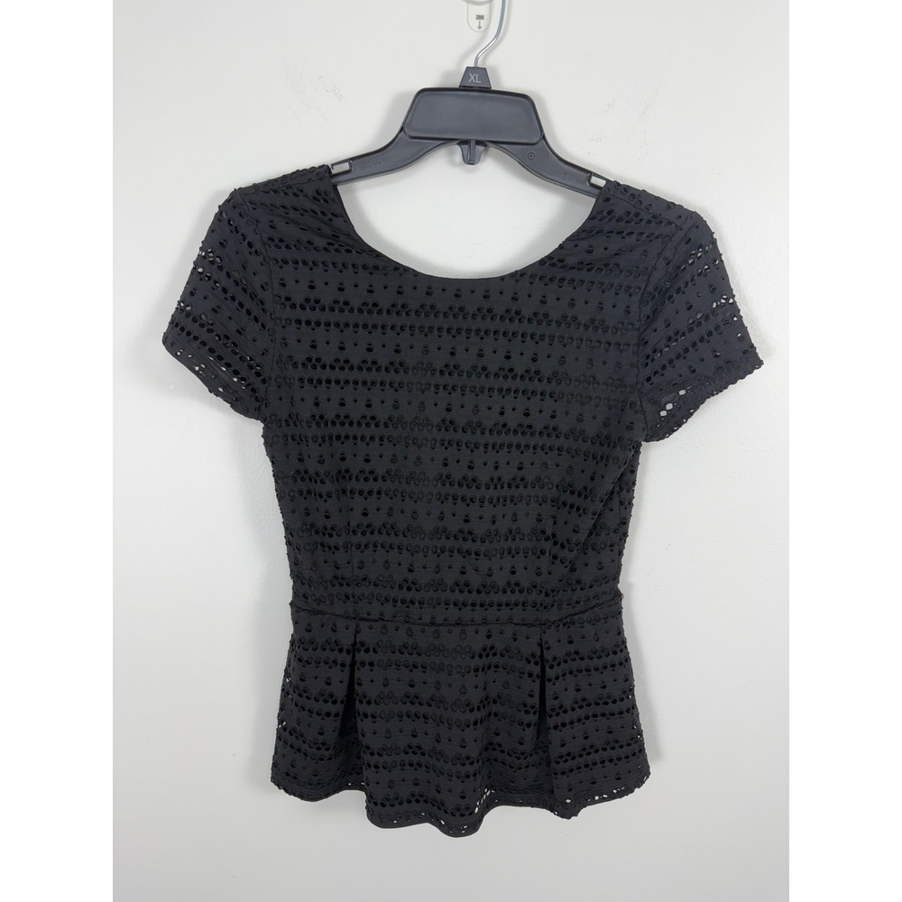 Apt. 9 Womens Black Eyelet Peplum Top Short Sleeve Scoop Neck Petite Small PS